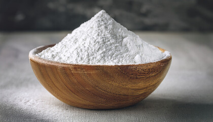 Pure white zinc oxide powder in rustic wooden bowl. Natural remedy, sunscreen ingredient