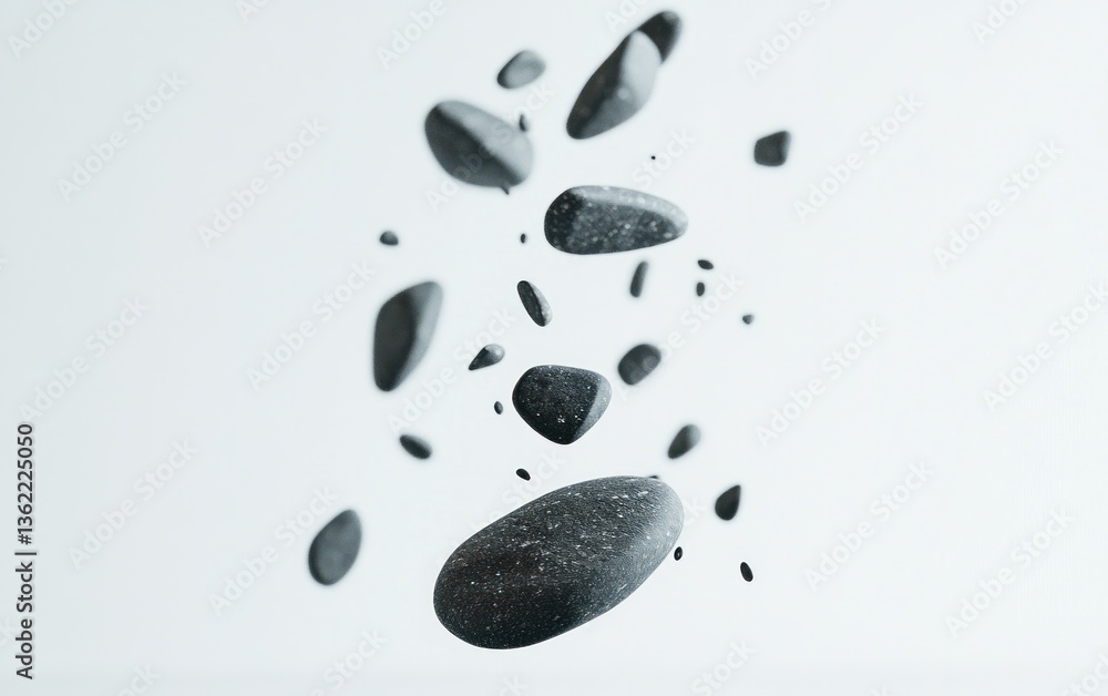 Poster abstract image of dark gray stones falling or floating against a bright white background. the stones