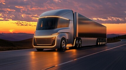 Obraz premium Futuristic Semi-Truck on Highway at Sunset