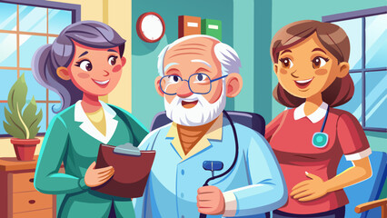Senior old man and caring kind nurse, geriatric medicine caretaker helping with phone call for male nursing home resident, adult in assisted living, female doctor visiting patient