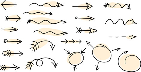set of line arrows hand drawn with brush black curved lines with beige rounded fill, dotted arrow, wavy arrows