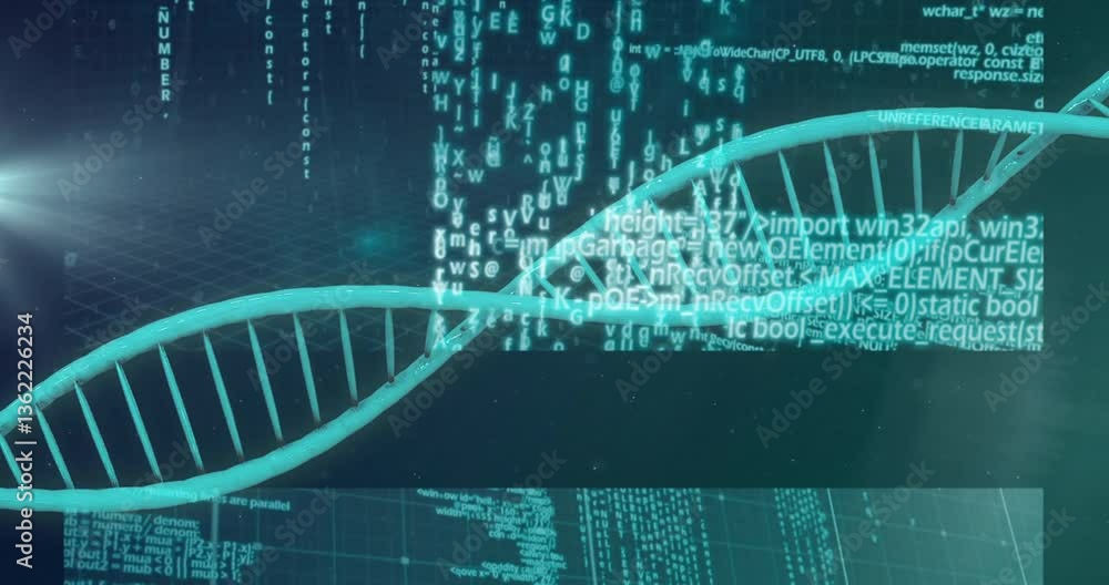 Poster dna strand and binary coding, processing scientific data in animation sequence