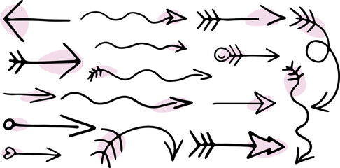 set of funny arrows hand drawn with brush black curved lines with pink rounded fill