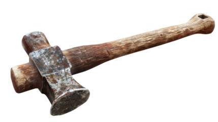 Old tools and rugged simplicity: A captivating image showcasing a vintage sledgehammer and a classic axe, weathered by time, with an unpolished wooden handle, against an isolated backdrop. 
