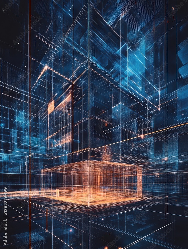 Poster 3d blueprint of a building over a digital background, futuristic design concept.
