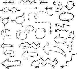 set of arrows hand drawn with brush black curved lines, dotted arrow, growth arrow, arrow with heart, line arrows