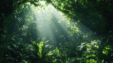 Dark rainforest, sun rays through the trees, rich jungle greenery. Atmospheric fantasy forest. 3D illustration. illustration