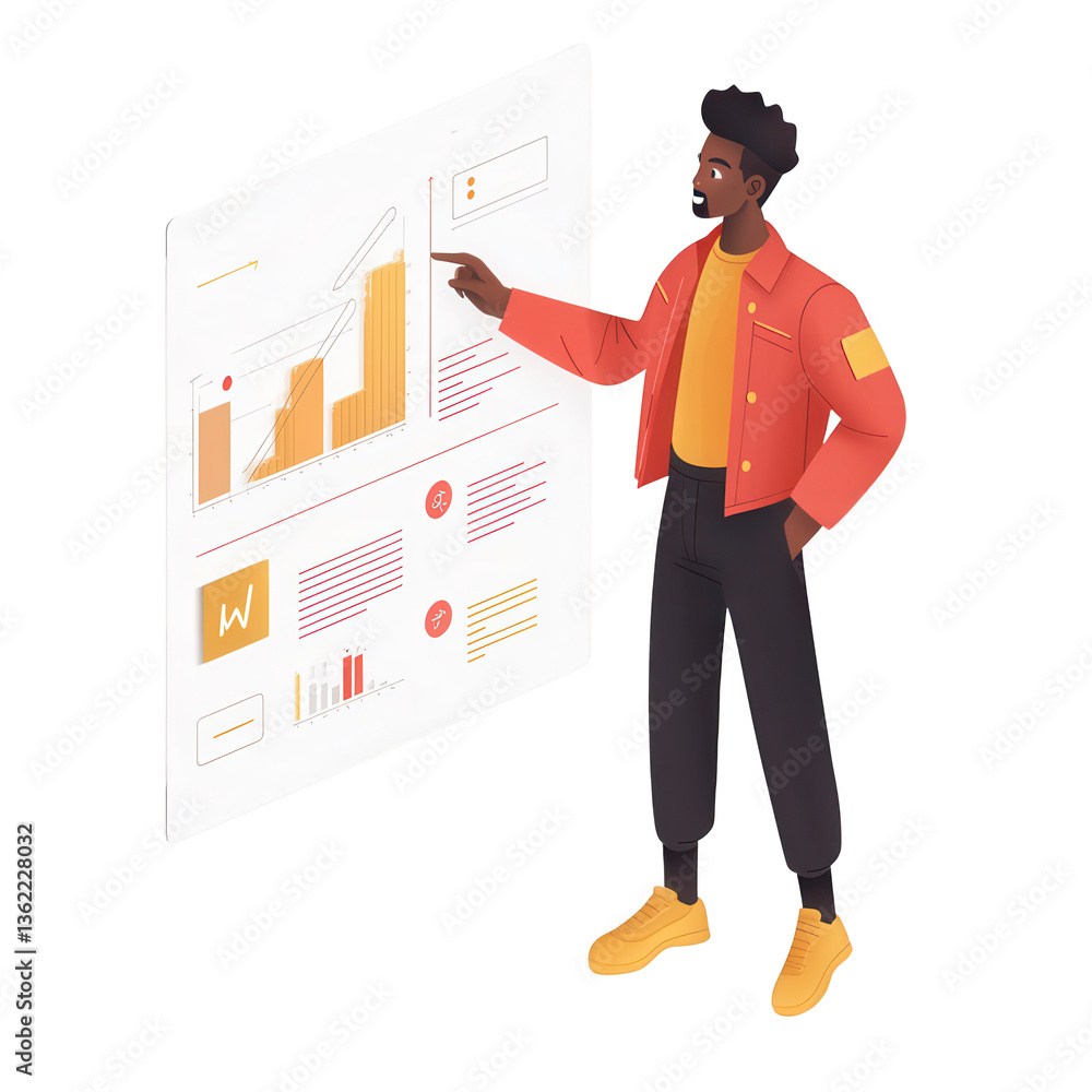 Poster professional man analyzing data on a digital screen, showcasing modern business analytics and growth