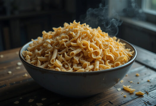 Large bowl filled with uneaten curly pasta sits on a wooden table, steam rising from it. This sight emphasizes the growing concern of food waste in daily life