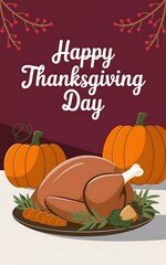 Festive Thanksgiving scene with a roasted turkey adorned with an acorn surrounded by green leaves two pumpkins and 'Happy Thanksgiving Day' text on a maroon background with red berries in the corner