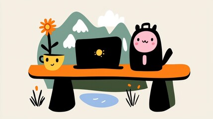 Cute Cartoon Cat Working on Laptop at a Mountain View Bench