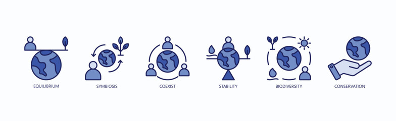 Harmony In Balance Icon Set Isolated Vector With Icon Of Equilibrium, Symbiosis, Coexist, Stability, Biodiversity, Conservation In Blue Style