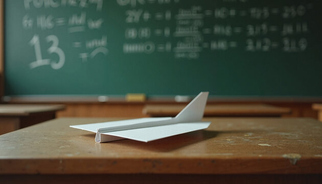 Paper airplane on wooden desk against chalkboard backdrop