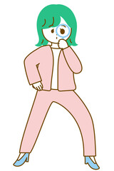 虫眼鏡で覗き込むスーツの女性のポップな全身イラスト
