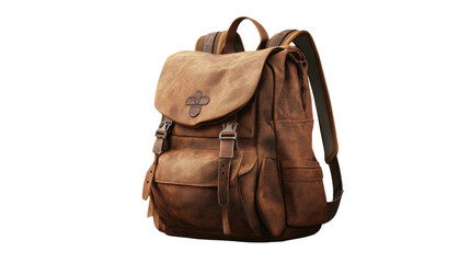 Naklejka premium Vintage Leather Backpack: A well-worn, leather backpack, capturing a sense of timelessness and adventure. the aged texture tells a story of exploration.