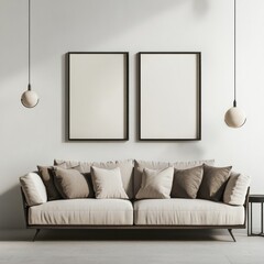 Minimalist living room with beige sofa, two framed posters, and pendant lights.
