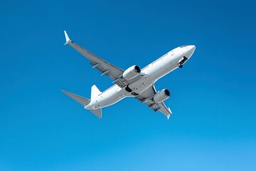 Obraz premium Airplane in Flight Climbing Against Blue Sky Travel and Aviation Concept