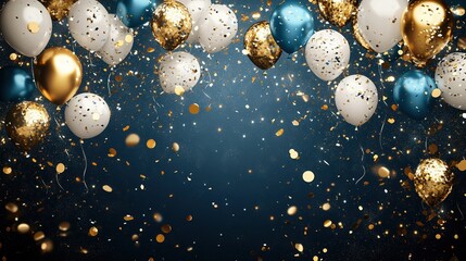 festive celebration scene with blue gold and white balloons floating upward shimmering confetti creates joyful atmosphere blank space for text illustration