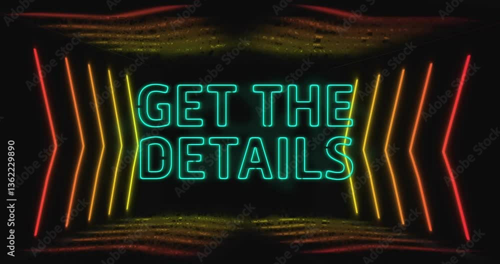 Poster neon animation of get details text glowing with colorful light patterns