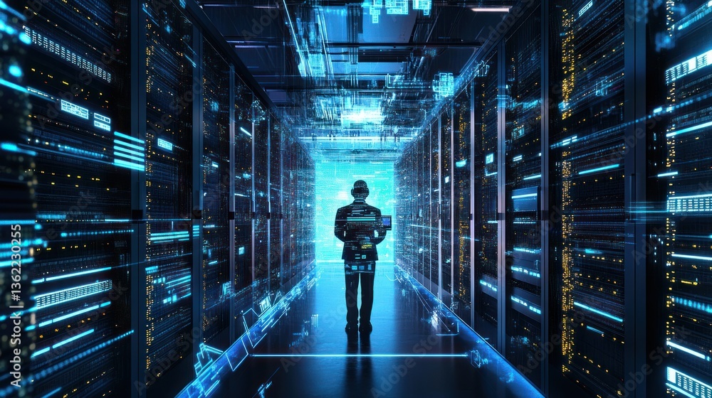 Poster futuristic data center with server racks and a person monitoring the system