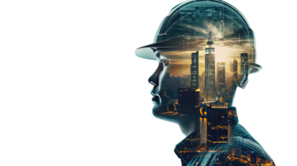 Building Dreams: Silhouette of construction worker merges with city skyline, symbolizing vision and progress.