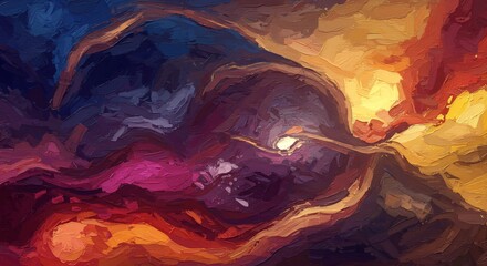 Warm and cool colors swirl around a small house nestled in vibrant abstract landscape.. AI Generated
