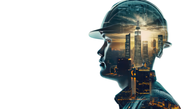 Building Dreams: Silhouette of construction worker merges with city skyline, symbolizing vision and progress.