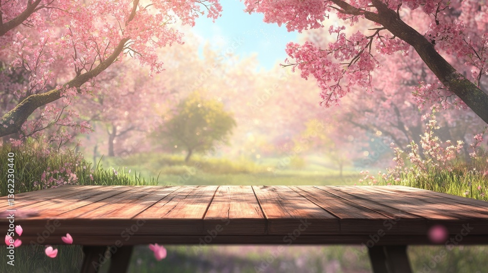 Poster spring background with wooden table. natural template for product display with cherry blossoms bokeh