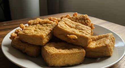 Pile of Crispy Fried Tofu Cubes on a White Plate Close-up