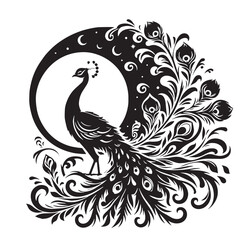 Black Color Peacock Silhouette Vector Illustration, Solid White Background