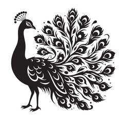 Black Color Peacock Silhouette Vector Illustration, Solid White Background