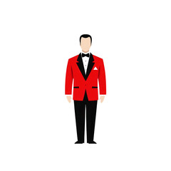 Stylish illustration of a man wearing a red tuxedo and bow tie, perfect for formal occasions and events. Ideal for invitations, advertisements, or fashion presentations.