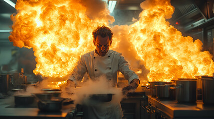 Chef working with intense kitchen fire