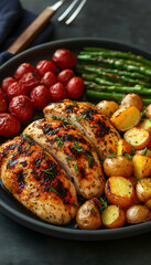 Chicken breast, green beans, and potatoes are plated Healthy dinner