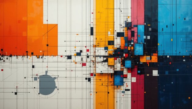 Abstracci&oacute;n geom&eacute;trica en&eacute;rgica con cuadr&iacute;culas en capas, bloques de colores llamativos y una historia cr&iacute;ptica incrustada en su compleja composici&oacute;n
