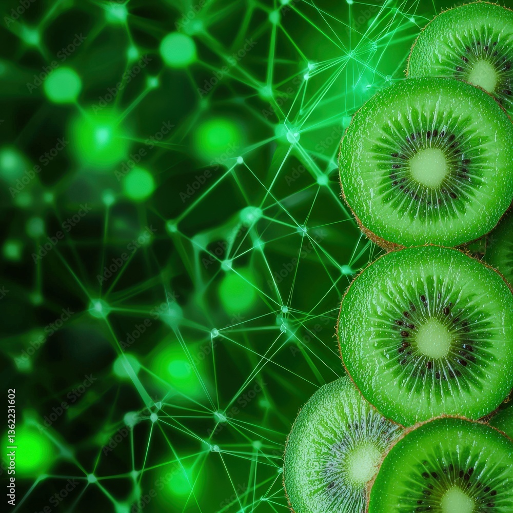 Poster kiwi texture overlay on blockchain network visualization