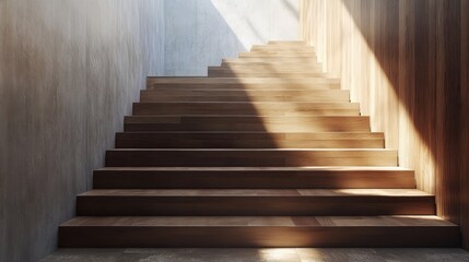 Wooden staircase ascending, bathed in sunlight, against a neutral-toned wall