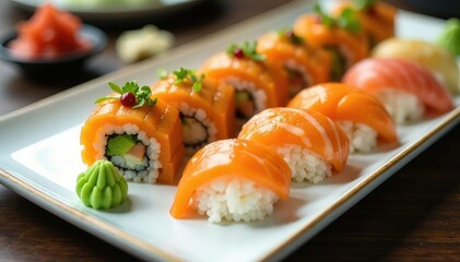 Variety of sushi rolls on a white plate, garnished with wasabi and ginger, lunch, wasabi