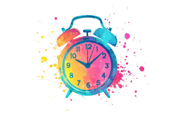 Retro black alarm clock with ringing bell on blue and white backgrounds