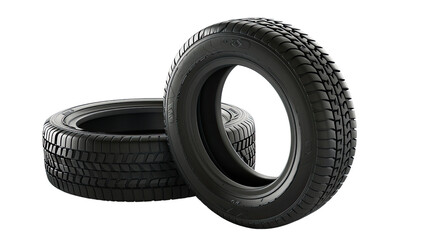 Obraz premium Rolling into Focus: Two black tires stand in a detailed shot, emphasizing their texture and pattern against the plain background. Designed to showcase product design and textures.