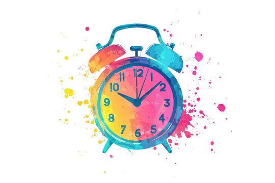 Retro black alarm clock with ringing bell on blue and white backgrounds