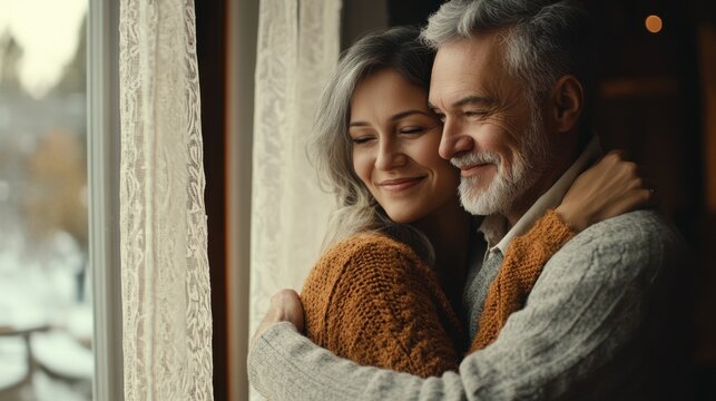 Smiling mid adult couple hugging each other and standing near window while looking outside. Happy and romantic mature man embracing hispanic wife from behind while standing at home with copy space.