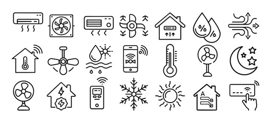Air conditioning and ventilation line icons set for climate control  
