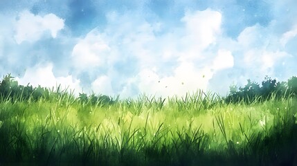 Obraz premium Watercolor painting of a grassy field under a bright blue sky