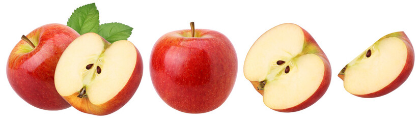 Red apple with leaves, half and slice isolated, fresh red apple, transparent PNG, PNG format, cut out