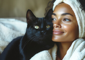 A smiling woman embraces her black cat while enjoying a serene and cozy moment together.