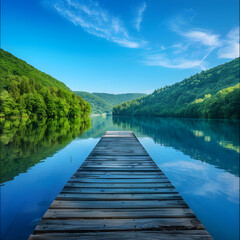 Serene Lakeside View, a Mirror-Like Water Reflecting Lush Greenery Under the Clear Cloud-Covered Blue Sky