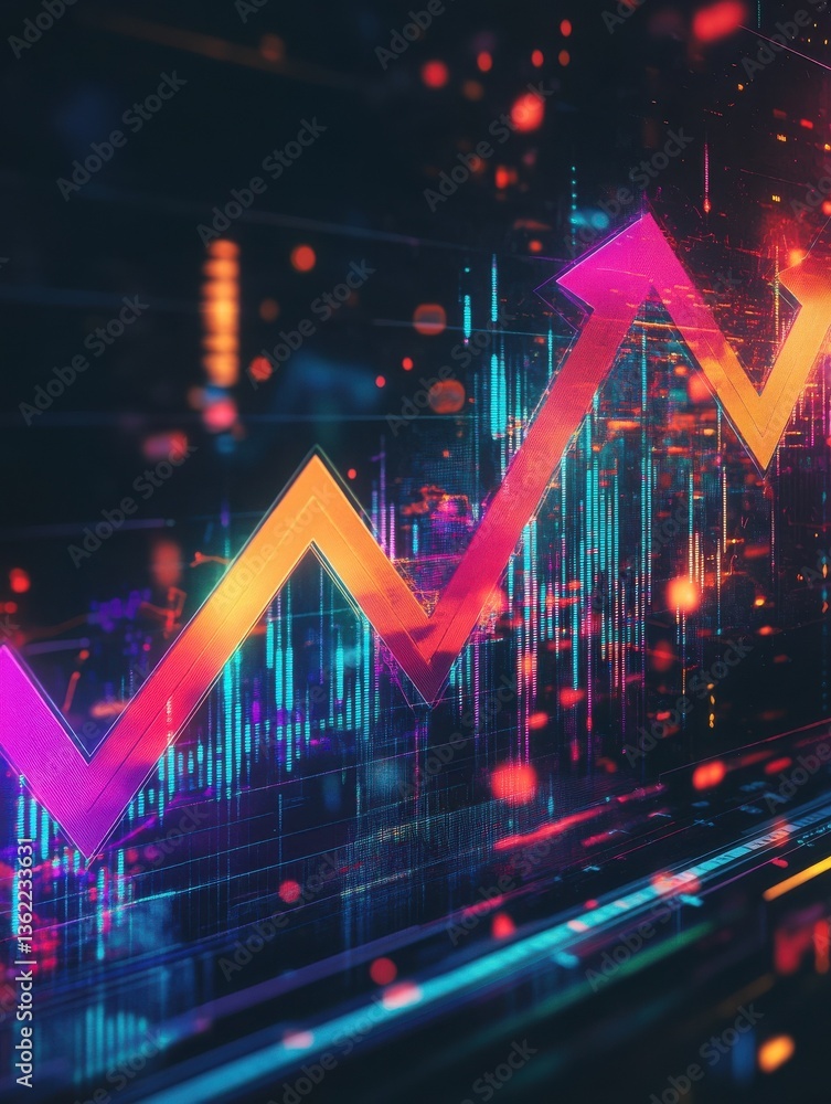 Poster a vibrant digital graph displaying upward trends with colorful arrows, representing growth in data m