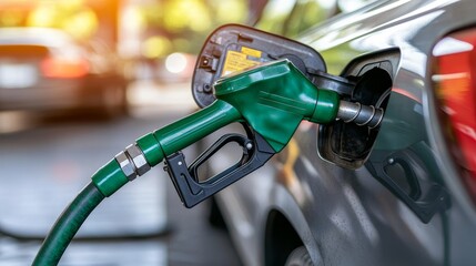 Filling Up the Tank Silver Car Refueling At Gas Station, Close Up Fuel Nozzle, Golden Hour Light