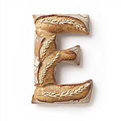 Baked Bread Sculpture Shaped as Letter E with Wheat Decoration on White Background